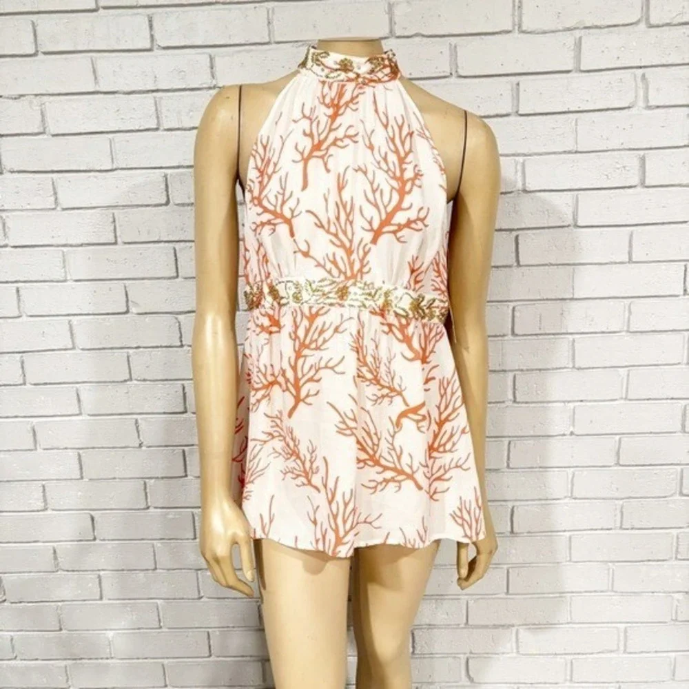 Michael Kors Coral White Beaded Halter Top Boho Resort NWT Size 12